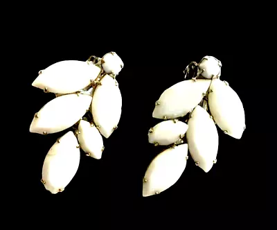 Leaf Shaped Earrings White Silver Clip Ons Vintage Milk Glass • $9.99