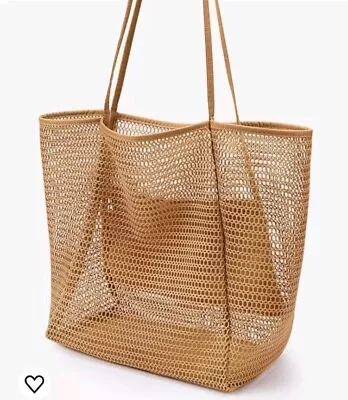 Large Khaki Mesh Beach Bag Pool Travel Shoulder Bag Vacation Tote NWOT • $10.99