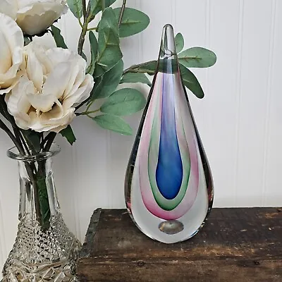 Vintage MURANO Sommerso Or FLAVIO POLI Rainbow Teardrop Glass Paperweight 10.75  • $40