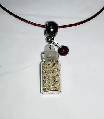 Handmade GLASS SAND Charm Pendant NECKLACE + Deep Red Faux Pearl On Waxed Cord • $1.22