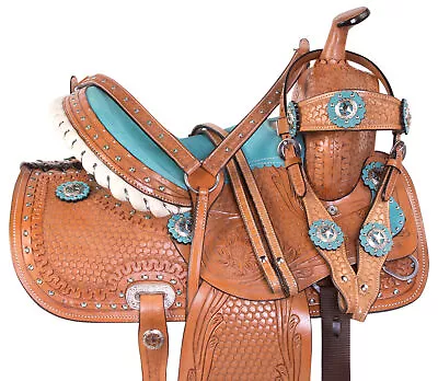 Western Horse Saddle Barrel Racing Racer Kids Youth Leather Blue Tack Set 13 In • $332.49