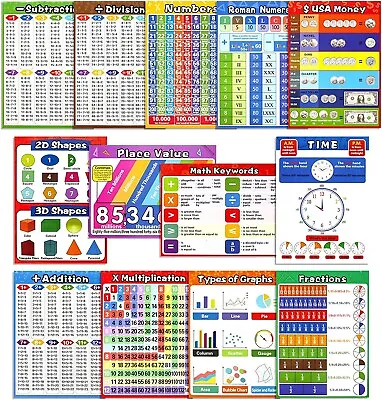 13 Educational Math Posters Multiplication Chart Table Time Money Shape Addition • $16.92