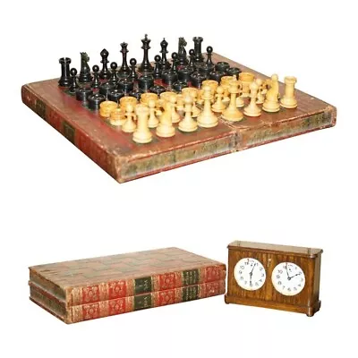 £5950 • Buy Jaques London Victorian Faux Book Chessboard Staunton Pieces & Rosewood Clock
