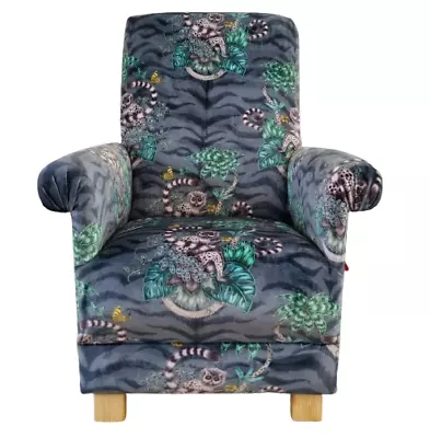 Emma Shipley Lemur Navy Velvet Blue Fabric Adult Armchair Chair Monkeys Animals • £379.99