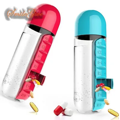 600ml Water Bottle With Pill Holder Case Organizer Motivational Bottle 20 Oz • $9.98