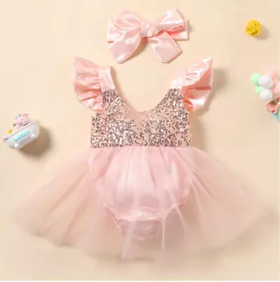 Baby Girl 1st Birthday Outfit Pink Sequins Romper Dress Cakesmash Photoshoot • $38.95