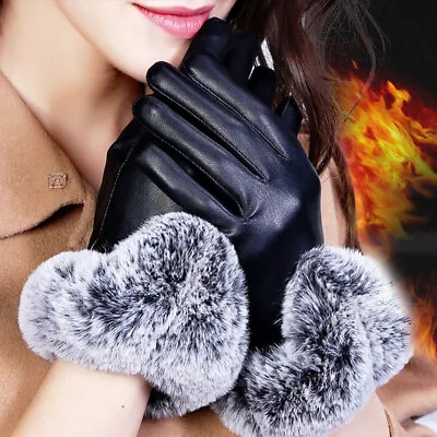 Womens Leather Winter Gloves With Rabbit Fur Trim Lined Warm Ladies Gloves • $8.99