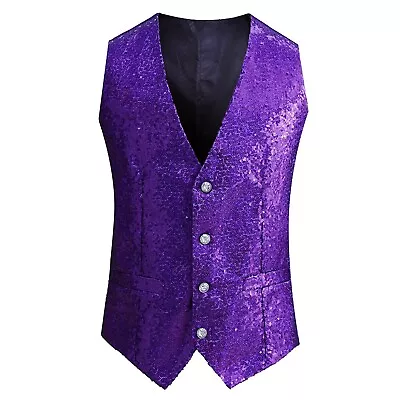 Men's Slim Fit Sequins Vest V-Neck Shiny Party Dress Suit Stylish Vest Waistcoat • $21.37