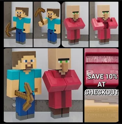 Minecraft Survival Mode 5  Steve W/ Pickaxe + Trading Villager Action Figure Lot • $27.95