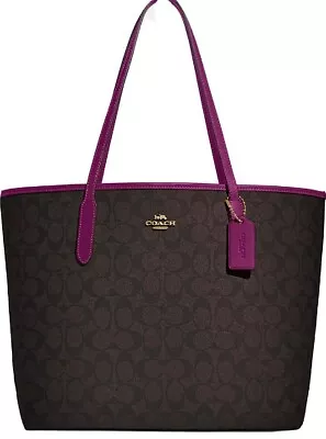 Coach City Tote In Signature Canvas - Brown/Dark Magenta 5696 (AMZ$230) • $200