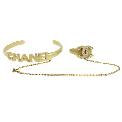 CHANEL CC Logos Rhinestone Bangle Chain Ring #5.5 Gold-Tone 01C Vintage 02656 • $1280