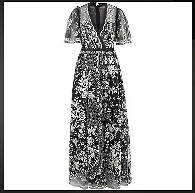 BNWT Needle & Thread Black & White Embroidered GOWN UK12 US8 EU40 Maxi Dress New • £275