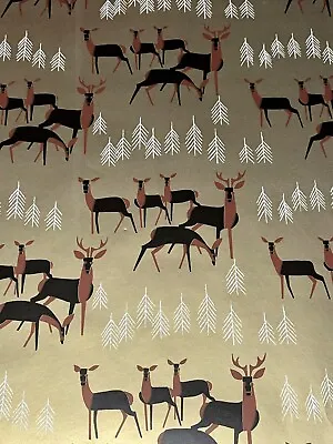 Vtg Christmas Wrapping Paper Gift Wrap Mcm Reindeer & Trees Gold Nos 24  X 28  • $9.95