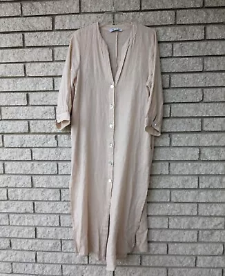 ZARA LINEN KAFTAN DRESS Midi Tunic Sz Small 100% Linen Cream Ivory Pockets EUC • $48.99