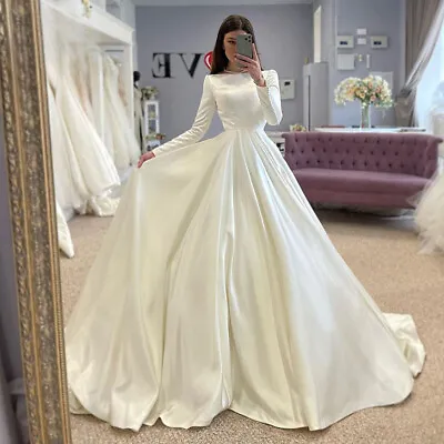 Satin Muslim Plus Size Wedding Dress O-Neck Full Sleeve A Line Bridal Gown Train • $136.90