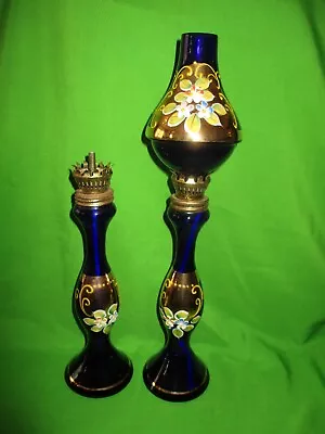 Beautiful Vintage Glass Venetian/Bohemian Blue & Gold Flowers Oil Lamps • £27