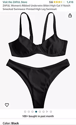 Zaful Women’s Ribbed Underwire Bikini High Cut V Notch Swimwear Size Small Black • $19.99