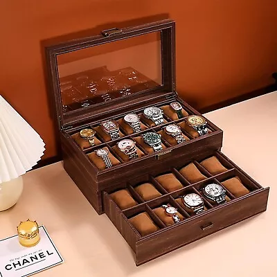 Men 20 Grids PU Leather Watch Display Case Jewelry Collection Storage Holder Box • £29.90