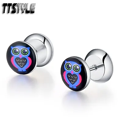 TTstyle Clear Epoxy Owl Logo Surgical Steel Fake Ear Plug Earrings • $5.14