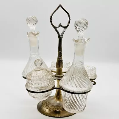 Antique Cruet Set Glass Clear Cut 5 Bottle Castor Set With Heart Caddy • $29.99