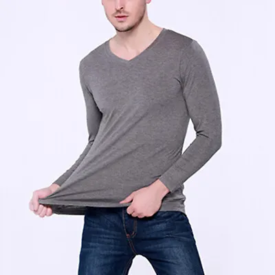 $19.99 • Buy Men's Soft Bamboo Fiber Long Sleeve T Shirt Loose Basic Tee V Round Neck Grey
