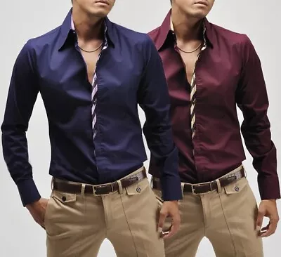 Mens Dress Shirts Clothes Slim Fit Stylish Long Sleeves Korean Casual Shirts Top • $28.04