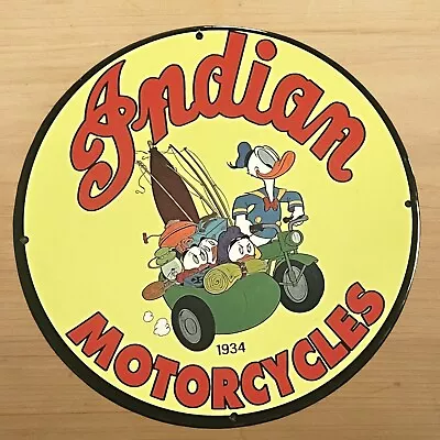 Vintage Indian Motorcycles Porcelain Sign Disney Dealer Sales Service Gas Oil Ad • $118.97