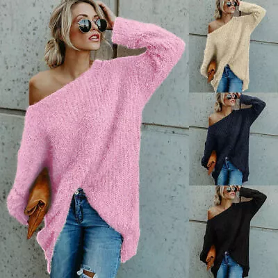 Womens Fluffy Off Shoulder Loose Sweater Jumper Long Sleeve Pullover Casual Top • $18.43