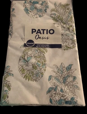 $14.99 • Buy Tropical Flannel Back Vinyl Tablecloth Round Floral White Patio Oasis Jo Ann BL3