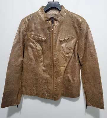 $22 • Buy Vtg VAKKO VS Size 10 Leather Jacket Zip Up Coat Lined Gold Brown Snake Print