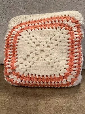 Vintage Square Hand Crocheted Pillow Afghan Handmade Coral/white Boho • $11.17