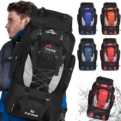 80L Extra Large Hiking Camping Backpack Rucksack Waterproof Travel Luggage Bag • £10.68