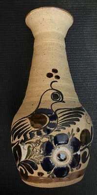 Vintage Mexico Burnished Tonala Pottery Vase Bird & Flowers Signed Cozumel • $14.95