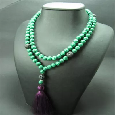 8mm Malachite Gemstone 108 Beads Tassels Mala Necklace Chakas Spirituality Wrist • $11.82