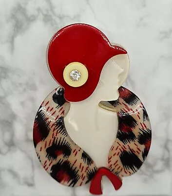 £19.75 • Buy 1920s STYLE  LADY WITH RED HAT ACRYLIC BROOCH. GIFT BOXED.