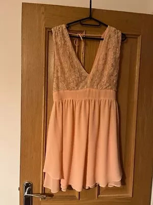 Asos Size 10 Pink Peach Summer Dress With Lace Bodice Beads And Flower Design • £3