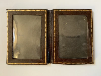 £29.99 • Buy Antique Double Bi-fold Tooled Brown Leather Photo Picture Frame