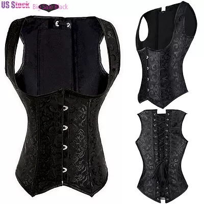 Plus Size Sexy Lace Up Boned Corset Overbust Top Punk Waist Cincher Shaper Black • $26.79