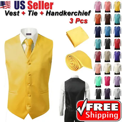 SET Vest Tie Hankie Fashion Men's Formal Dress Suit Slim Tuxedo Waistcoat Coat • $22.99