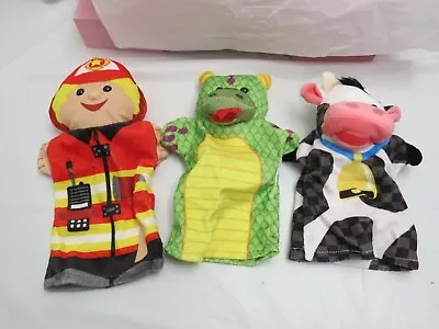 Lot Of 3 Melissa & Doug Hand Puppets Fireman Dragon Cow Preschool Machine Wash • $9.99