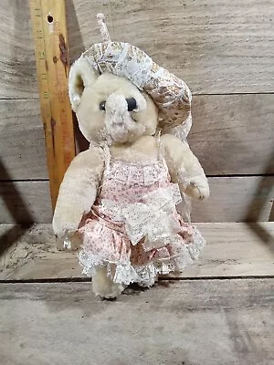 Handcrafted Plush Bear Dressed In Pink Flower Dress And Lace With Lace Hat  11  • $29.99