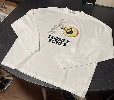 LOONEY TUNES Official Logo Long Sleeve Oversized  T Shirt Cream Size Small - NEW • £7.50