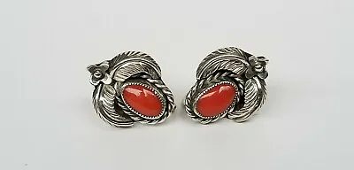 Vintage Native American Coral Sterling Silver Screw Back Earrings • $55