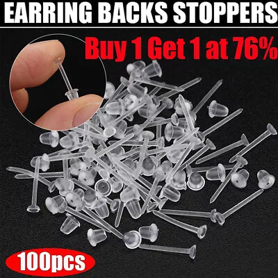 50 Pairs Invisible Clear Plastic Stud Earrings. Acrylic Post Silicone Back New • £3.04