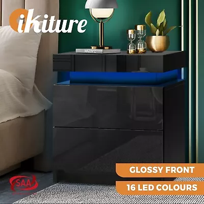 Oikiture Bedside Tables 2 Drawers RGB LED High Gloss Nightstand Cabinet Side • $99.90