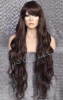 40  Extra Long Human Hair Blend Wavy Full Bangs Wig Brown Mix WESH NWT • $69.95