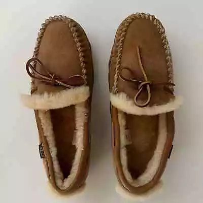 Cabelas NWOB Suede Shearling Moccasin Cocoa Slippers Outdoor Sole 12 M • $48