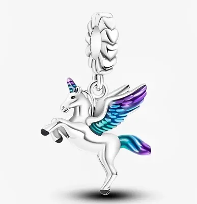 Unicorn Pegasus Rainbow Winged Charm Bead 925 Sterling Silver • £13.95