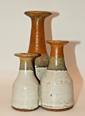 Vintage Studio Art Pottery Triple Weed Pot Vase Orange Gray Glaze Signed • $18