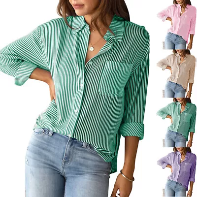 Ladies Office Button T-shirt Holiday Casual Work Tops Striped Long Sleeve Blouse • £9.99